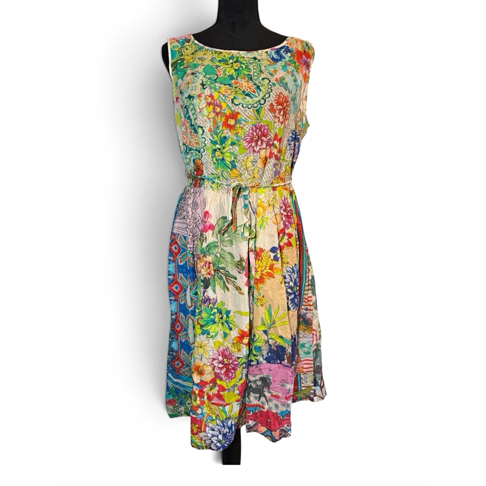 Johnny Was Multicolor Floral Sleeveless Tie Waist Lined Dress M Cotton Boho